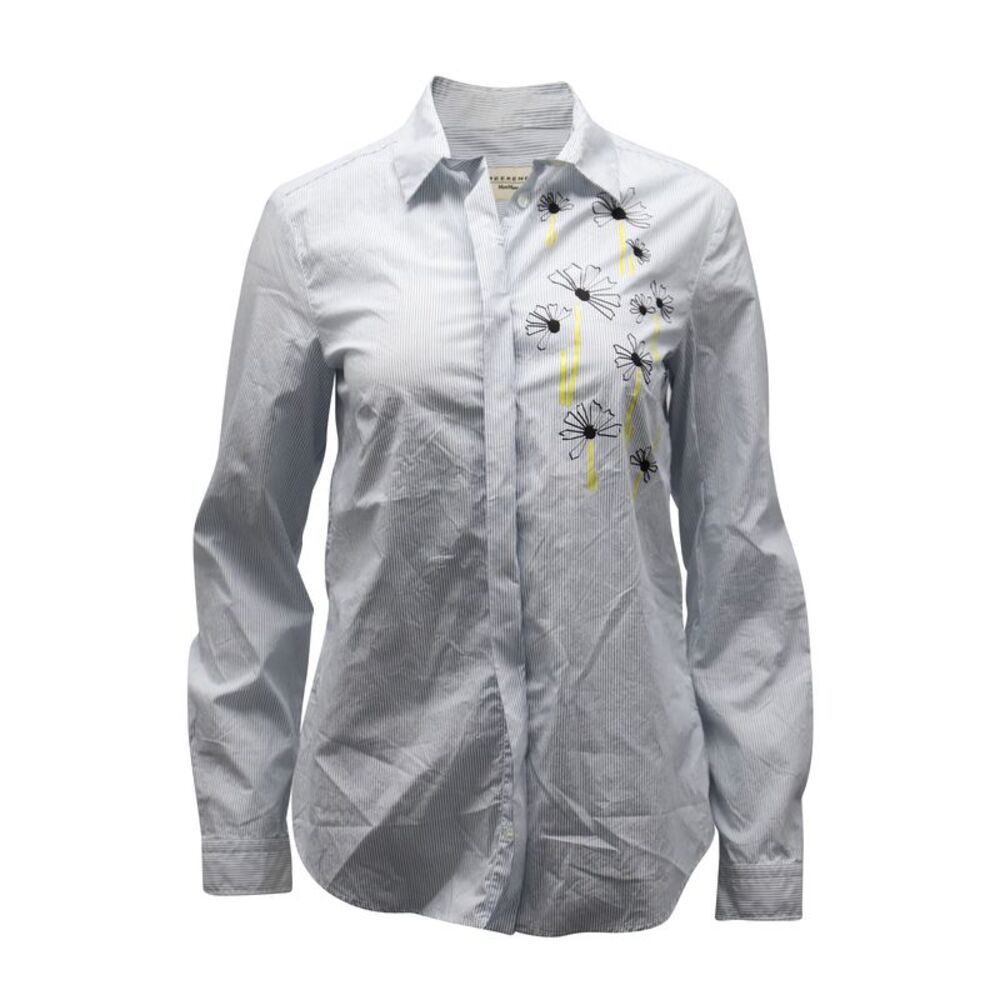 Max Mara Daisy Embroidered Pinstripe Shirt in Blue Cotton